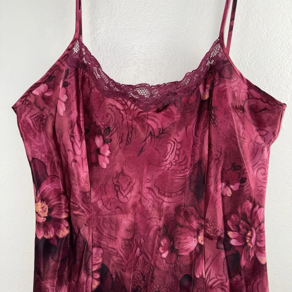 VTG Expressions Floral Satin Camisole Top Lace Trim Y2K Lingerie Pink M Slip - Picture 3 of 13